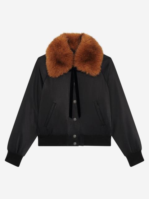 The Kooples BLACK SATIN FUR COLLAR JACKET