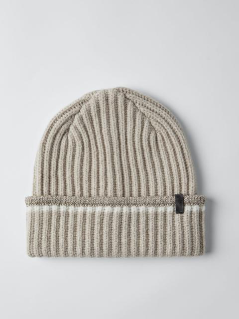 English rib knit beanie in cashmere feather yarn with sparkling trim and monili