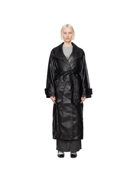 コート [OPEN YY] FAUX LEATHER HIGH-NECK COLLAR COAT : BLACK OPEN YY Black High Neck Collar Faux-Leather Trench Coat