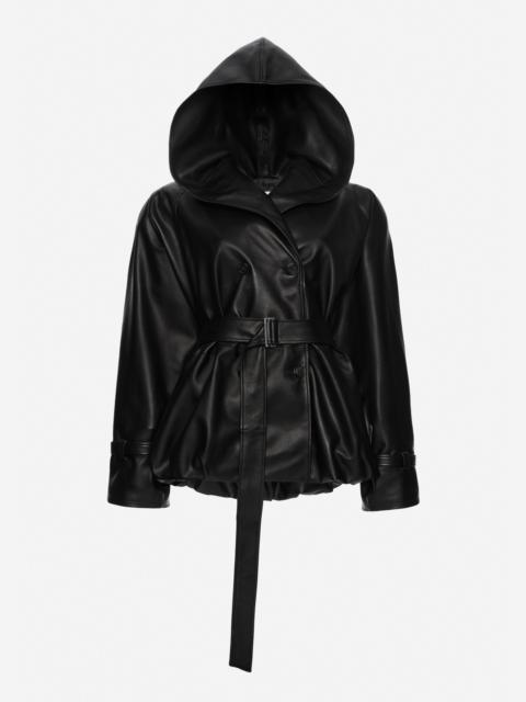 MAGDA BUTRYM Hooded belted bubble jacket in black leather