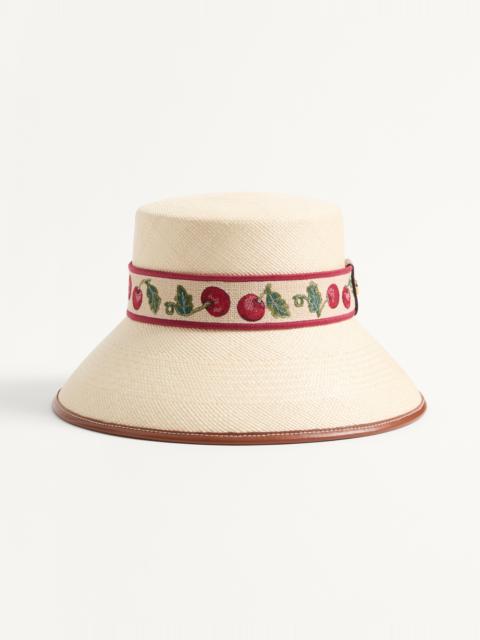 Valentino CHERRYFIC STRAW BUCKET HAT WITH LEATHER TRIM AND CHERRYFIC RIBBON