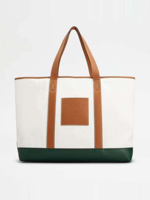 Tod's SHOPPING BAG IN CANVAS AND LEATHER LARGE - WHITE, GREEN, BROWN