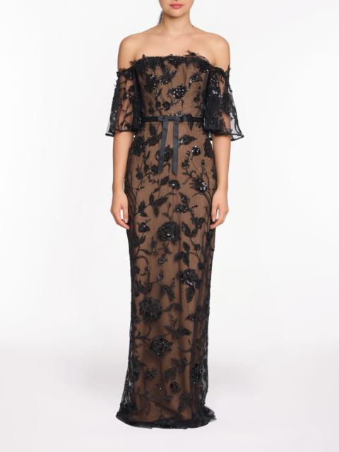 OFF THE SHOULDER BEADED ILLUSION COLUMN GOWN