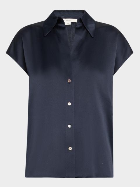 Vince Cap-Sleeve Ruched-Back Silk Blouse