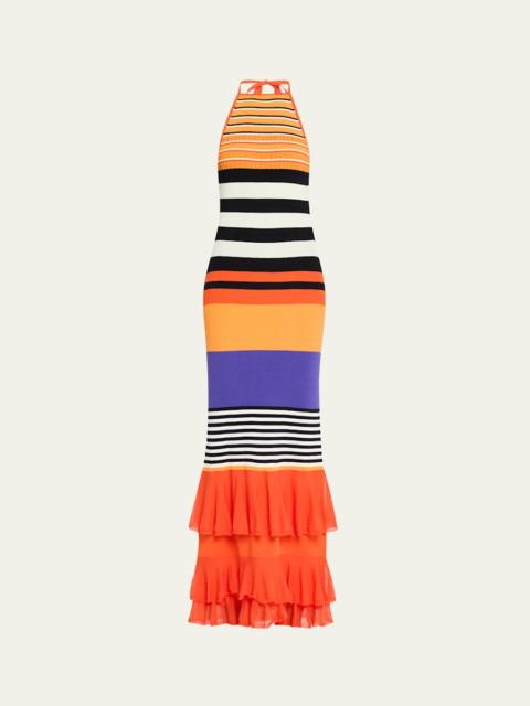 CHRISTOPHER JOHN ROGERS Striped Halter Neck Ruffle Dress