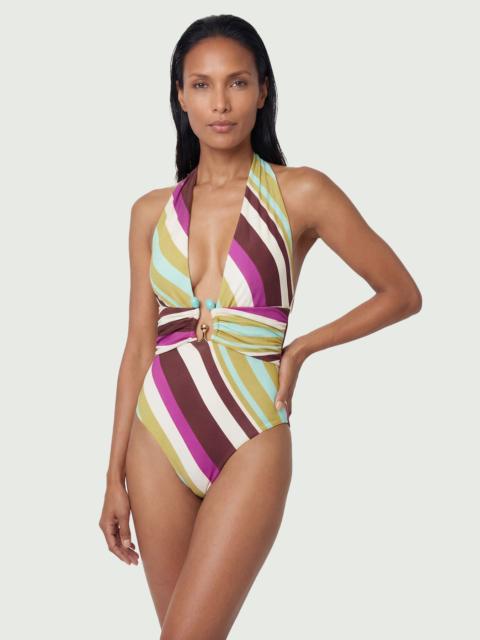 KAREN MILLEN Diagonal Stripe Plunge Swimsuit With Stone Detail
