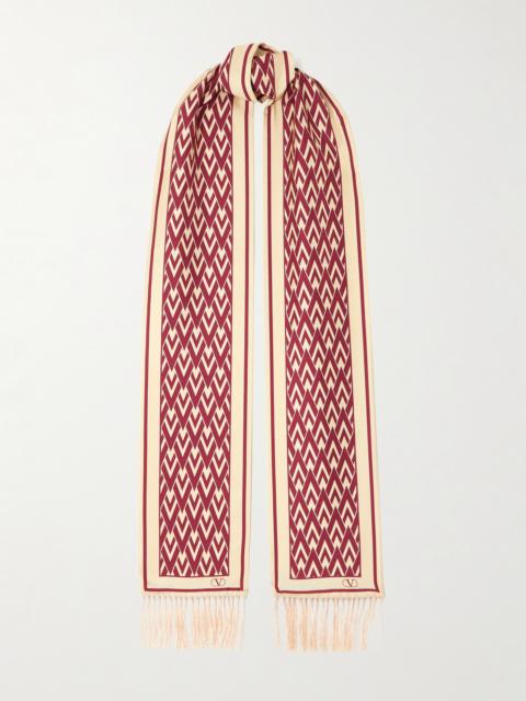 Valentino Toute La V Fringed Printed Silk-twill Scarf