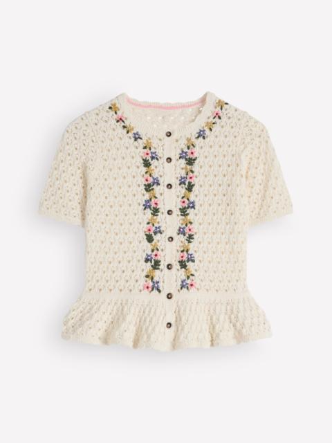 BODEN Embroidered Pointelle Cardigan-Ivory Embroidered