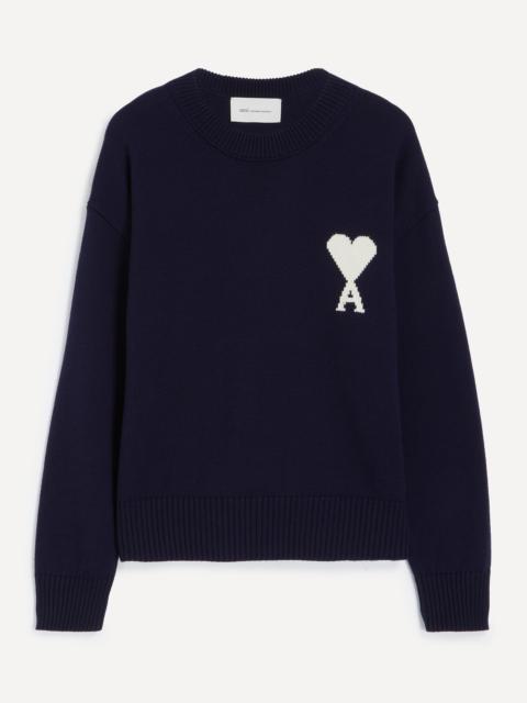AMI Paris Navy Wool-Cotton Crew-Neck Ami de Coeur Jumper