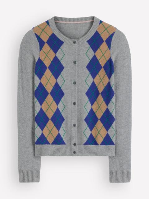 BODEN Elsie Cashmere Crew Cardigan-Grey Argyle