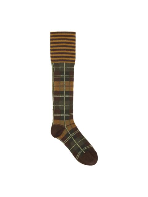 HENRIK VIBSKOV RIBBIT SOCK - BROWN GREEN DASHED CHECKS