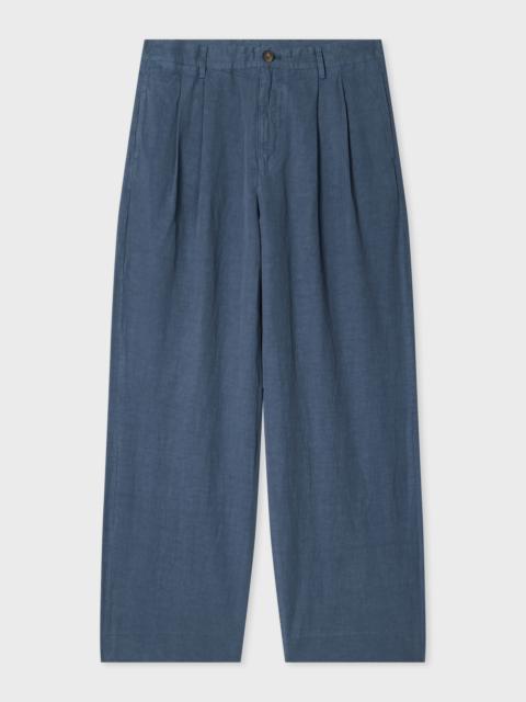 Paul Smith Washed Navy Cotton-Linen Double Pleat Trousers