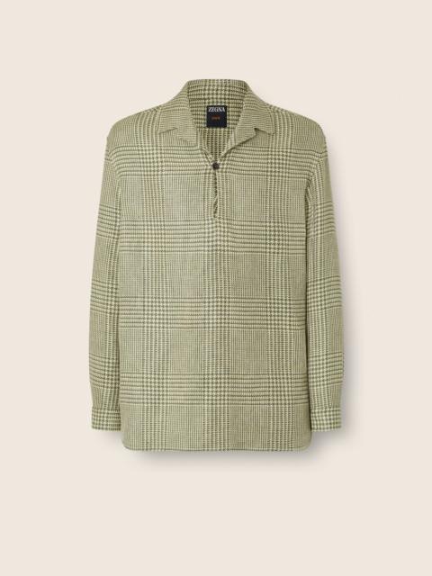 ZEGNA OLIVE GREEN PRINCE OF WALES CROSSOVER LINEN WOOL AND SILK SHIRT