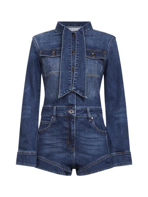 self-portrait Blue stretch denim frill playsuit