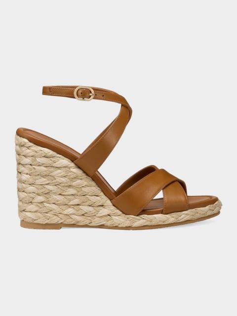 Stuart Weitzman 100mm Alyssa Leather Espadrille Wedge Sandals