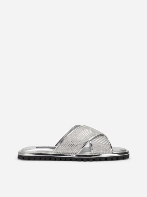 Dolce & Gabbana Calfskin crossover-strap sliders with fusible rhinestones