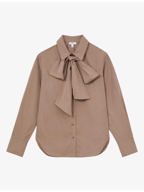 REISS Elowen Striped Tie-Neck Cotton Shirt