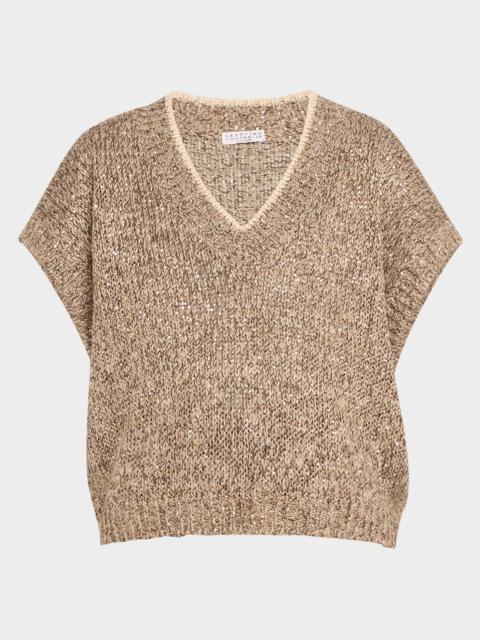 Brunello Cucinelli V-Neck Paillette Tweed Knit Crop Vest