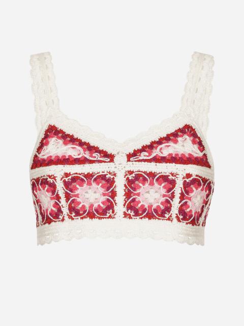 Dolce & Gabbana Brick-stitched crochet bustier top with Majolica print