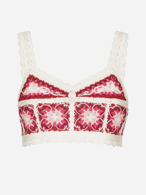 Brick-stitched crochet bustier top with Majolica print