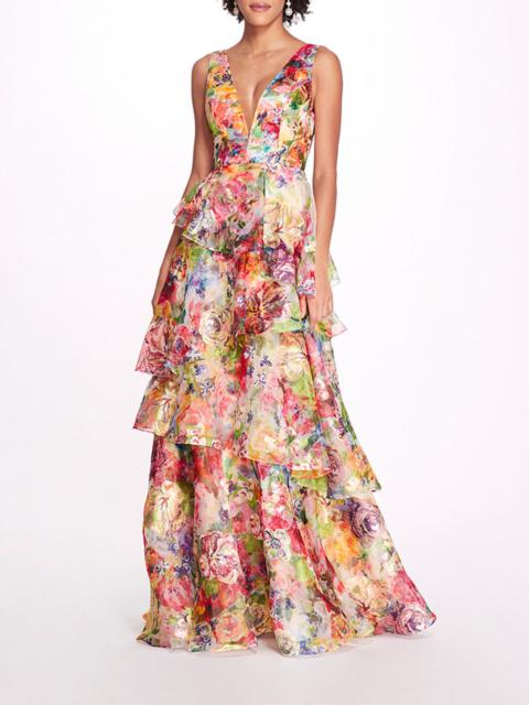Marchesa EMBROIDERED ORGANZA V-NECK GOWN