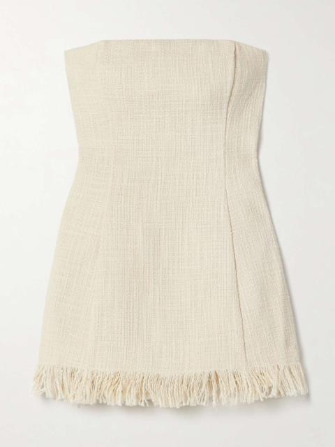 STAUD Silvia strapless frayed cotton-tweed top