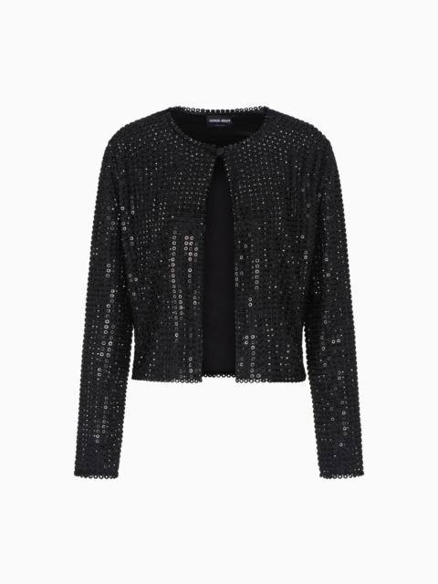 GIORGIO ARMANI CREW-NECK SILK SATIN SHIRT WITH ALL-OVER EMBROIDERY