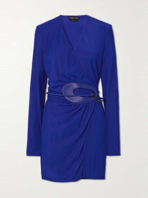 TOM FORD Leather-trimmed crepe mini wrap dress