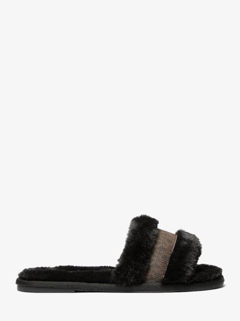 MICHAEL KORS Alexis Faux Fur and Metallic Signature Logo Slide Sandal