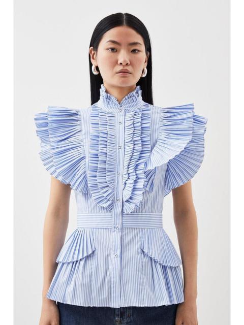 KAREN MILLEN Sleeveless Striped Pleated Ruffle Blouse