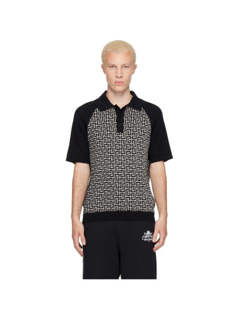 Balmain Black & White Monogram Cotton Linen Knit Polo