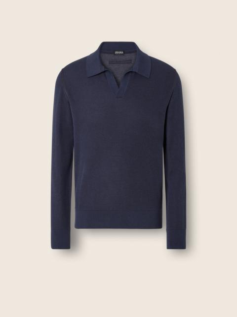 ZEGNA DARK INDIGO BLUE MÉLANGE CASHMERE AND SILK POLO SHIRT