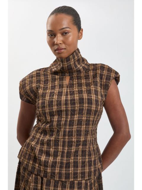 KAREN MILLEN Plus Size Beaded Check Print High Neck Top
