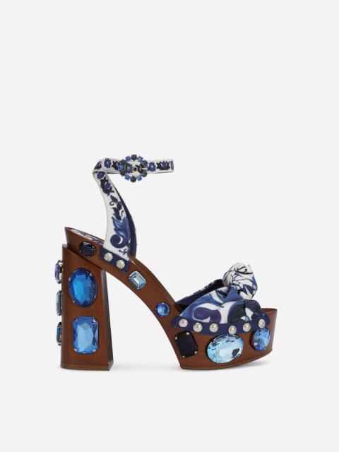 Majolica-print canvas wedge sandals with gemstones