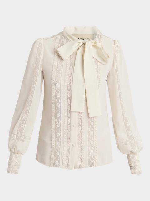 Valentino Lace-Inset Ruffle Bow-Neck Silk Shirt