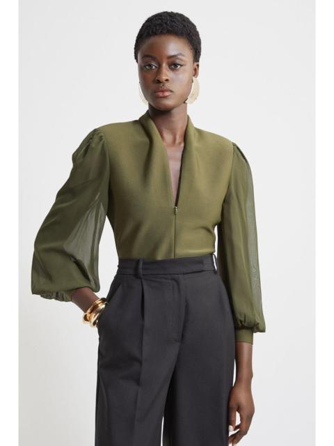 KAREN MILLEN Bandage Figure Form Zip Detail Chiffon Sleeve Knit Top