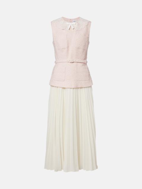 self-portrait Belted pleated bouclé and chiffon midi dress