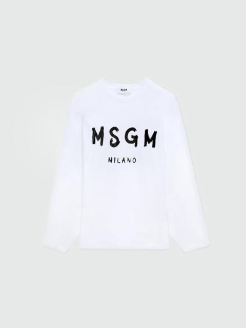 MSGM White long sleeve T-shirt with brushstroke logo