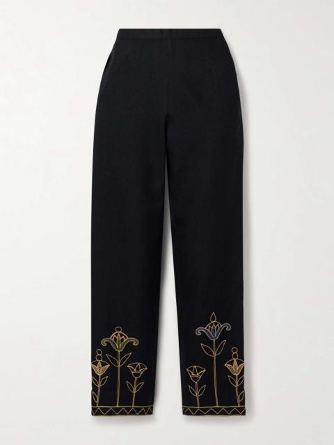 Blooming Stems embroidered brushed wool-twill straight-leg pants