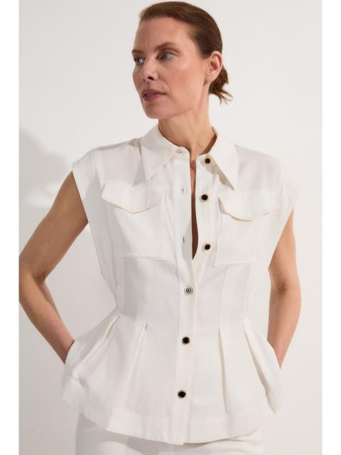 KAREN MILLEN Premium Viscose Linen Topstitch Woven Blouse With Waist Seam Detail
