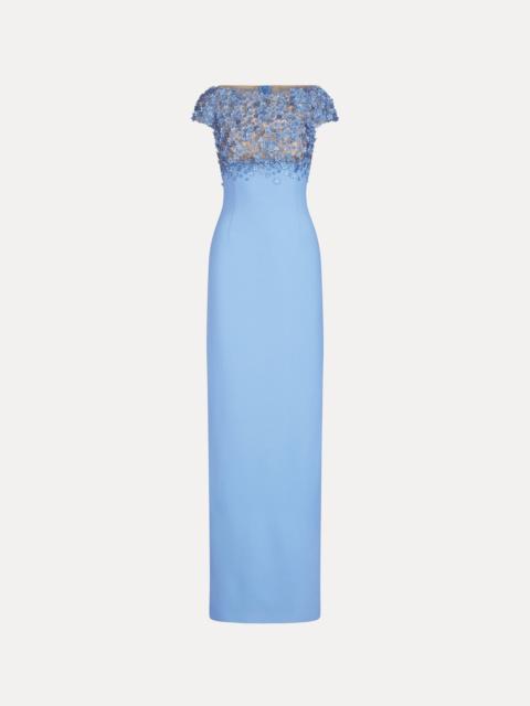 Oscar de la Renta PORCELAIN FLOWER EMBROIDERED CAP-SLEEVE GOWN