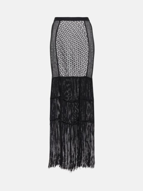 Crochet-knit fringe-trimmed maxi skirt