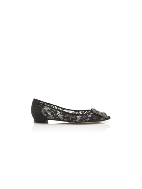 Manolo Blahnik Black Lace Jewel Buckle Flat Shoes