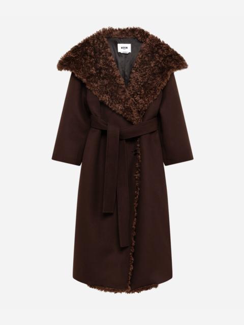 MSGM Single-breasted wool blend coat with maxi faux fur lapels