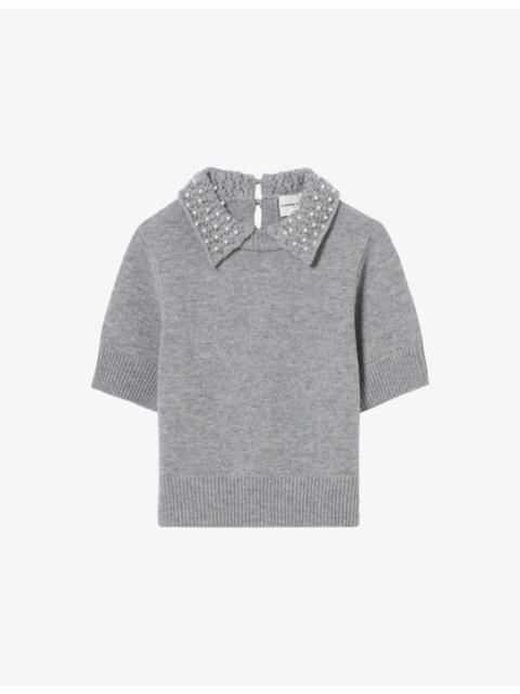 Claudie Pierlot Pearl-Embellished Short-Sleeve Wool And Cashmere-Blend Top