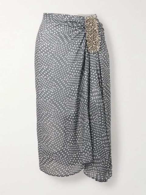Dries Van Noten Embellished draped gathered polka-dot georgette skirt Gray