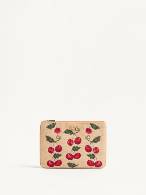 Valentino VLOGO SIGNATURE POUCH IN JACQUARD RAFFIA WITH CHERRYFIC PATTERN