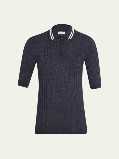 Brunello Cucinelli Shimmering Cashmere Rib Short-Sleeve Polo Sweater