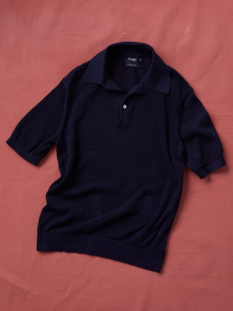 Drake's Navy Waffle Knit Cotton Short-Sleeve Polo Shirt
