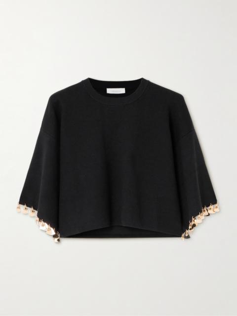 rabanne Cropped Embellished Stretch-silk And Cotton-blend Sweater